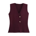 Detailed texture of burgundy knit vest featuring a V-neck and golden decorative buttons - S / Waistcoat Vest / Wine Red Vest