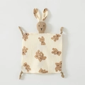 Beige cotton muslin comforter for baby with brown bear print and rabbit head topper - Teddy Bear (Floral Rabbit)