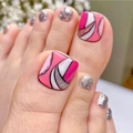 Pink and silver glitter press-on toe nails with abstract geometric line patterns - 1632-Pink White Glitter