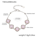 Silver stainless steel bracelet featuring square pink glass stones and adjustable chain - Bracelet / Steel-Pink