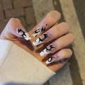 Long coffin press-on nails in black and white tribal design with rhinestone accents - Black White Flame Totem Rhinestone (N5124)