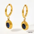 Gold stainless steel hoop earrings with elegant dark blue oval zircon stone pendants - Gold-Blue Zirconia (KDE768)