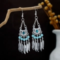 Bohemian silver drop earrings with blue stones and feather tassels on wood branch - Blue Silver (E3044-12)