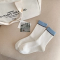 White cotton crew socks with blue stripes in a ribbed knit style for women - One Size / Blue Striped Cuff