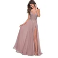 Detail of dusty rose lace bodice and deep V-neckline on a chiffon evening gown - US size 2 / Dusty Pink