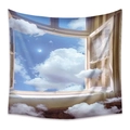 Detail of surrealist window tapestry showing blue sky, clouds and crescent moon - 73X95CM (Cross-border Brushed) / Dreamy Cloud (ZJ202148-7)