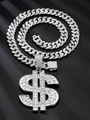 Close-up of a silver Cuban link necklace with a sparkling rhinestone dollar sign pendant - Silver Pendant + 13mm Cuban Chain / 50cm