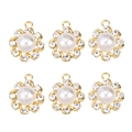 Detail of six gold floral pendant charms with imitation pearls and sparkling rhinestones - Gold Flower Pearl Rhinestone (px1086-41)