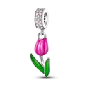 Pink tulip enamel pendant charm with green leaves and zircon inlay in silver plating - KTC567-Pink Tulip Dangle Charm