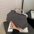 Black shell-shaped evening bag with silver rhinestones and chain strap for women - Silver