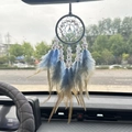 Blue and brown crystal car dream catcher with feathers hanging on rear view mirror - Sky Blue