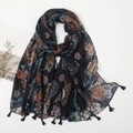 Navy blue linen floral scarf with tassels and bohemian print flat lay on white - Navy Ethnic Floral Style (XB129)