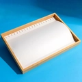 Bamboo and white PU leather necklace display tray with metal hooks on blue background - Necklace Tray
