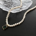 Vintage baroque pearl necklace featuring a rectangular emerald green gemstone pendant - 02-B14 Titanium Steel Natural Pearl Green Zircon Necklace
