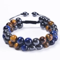 Double-layer woven bracelet with 10mm green tiger eye and magnetic hematite beads - Dark Blue Tiger Eye Bracelet