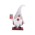 Gnome de Noël nordique en bois avec barbe blanche et boîte cadeau sur fond blanc - Chapeau Gris avec Cadeau