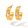Golden C-shaped stainless steel earrings with gear texture and square zircon stone - White Zircon (KDE995) / Gold