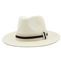 Close-up of the woven texture and dual-tone ribbon on this summer Panama straw hat - M(56-58cm) / Creamy White
