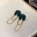 Elegant dark green velvet bow earrings with double golden tassel chains and silver needles - 51# Green Bow Tassel (Silver Pin)