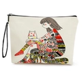 Portable canvas makeup bag featuring creative girl and cat illustration with zipper - Ethnic Style Girl Cat (xy-084-4) / With Strap