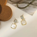 Elegant gold square earrings with white zircon micro-pave and pearl-like shell inlay - Double Square Shell Style (E0570)