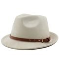 Close-up of light gray fedora hat featuring a brown leather strap with gold studs - M (56-58cm) / Suede Beige