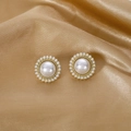 Elegant vintage pearl stud earrings with large central pearl and gold trim on silk - 20# Round Pearl Stud Earrings