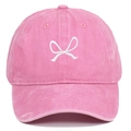 Pink washed cotton baseball cap with white bow embroidery in a vintage casual sport style - Adjustable / Pink