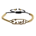 Adjustable gold star and moon bracelet with black woven cord and zircon accents - Gold Copper Beads Black Rope