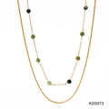 Golden double-layer stainless steel necklace featuring seven green natural stone beads - Green Natural Stone Necklace (KDD073)