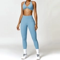 Nebelblaues Yoga-Set mit Twist-Sport-BH und hoch taillierter Leggings - S / Sport-BH + Leggings / Dunstblau