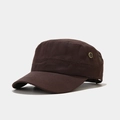 Detail view of brown cotton canvas military flat top hat with side metal eyelets - Adjustable / Coffee