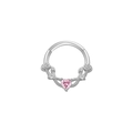 Silver septum clicker with pink heart gemstone and floral vine relief details - Rose Pink Heart / Silver