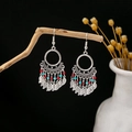 Bohemian silver earrings with red and green beads and metal leaf tassels - E5013 Multicolor Leaf Tassel