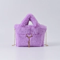 Chic lavender faux rabbit fur handbag with gold deer pendant and long chain strap - Taro Purple