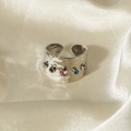 Silver stainless steel open ring with hammered texture and five colorful zircon gemstones - 5-Color Rhinestone Hammered Ring