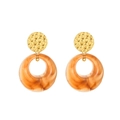 French style resin hoop earrings with gold textured metal discs in amber brown - Gold Leopard