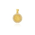 Close-up of golden oval pendant featuring a religious relief and tiny cubic zirconia gems - ZYN-DMK690G-Round St. Benedict