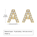 Detailed view of gold letter A studs with zircon inlays and dimensions 7mm by 6.5mm - Letter A