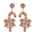 Detail of Christmas candy cane earrings with pink rhinestones and a gold bow pendant - Purple Rhinestone Candy Cane With Bow