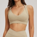 Beigefarbener V-Ausschnitt Yoga-BH mit Cross-Waist Leggings Set für Fitness - Hellkamel