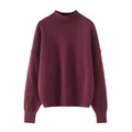 Women's burgundy knit sweater with a round neck and relaxed loose fit in plain solid color - S / Burgundy