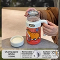 Champagne white 1100ml high borosilicate glass tea mug with 304 stainless steel strainer - White 1000ml (Low Filter) + Cat Sticker