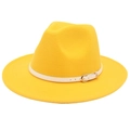 Detail of yellow wool felt fedora with white leather strap and golden buckle buckle detail - M (56-58cm) / Yellow (White Belt)