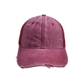Detalle de gorra de béisbol roja lavada con rejilla trasera y acabados desgastados vintage - Adulto / Burdeos