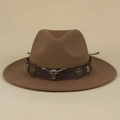 Detail of brown wool fedora hat featuring a vintage leather band and silver bull head charm - Khaki / M (56-58cm)