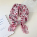 Pink floral cotton linen square scarf with delicate red flower patterns and soft edges - 58*58cm / 11 Stripe Base-Mallow Dark Pink
