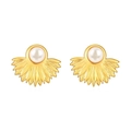 Elegant 18K gold-plated fan-shaped stainless steel earrings with central pearl inlay - Sunflower Shape Pearl Inlay (MS-451)