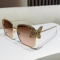 Pink gradient butterfly sunglasses with gold frame and diamond butterfly accents - Tea Pink Gradient