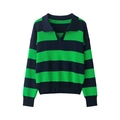 Detail of green and black striped knit polo shirt with V-neckline and ribbed cuffs - S / Navy and Green